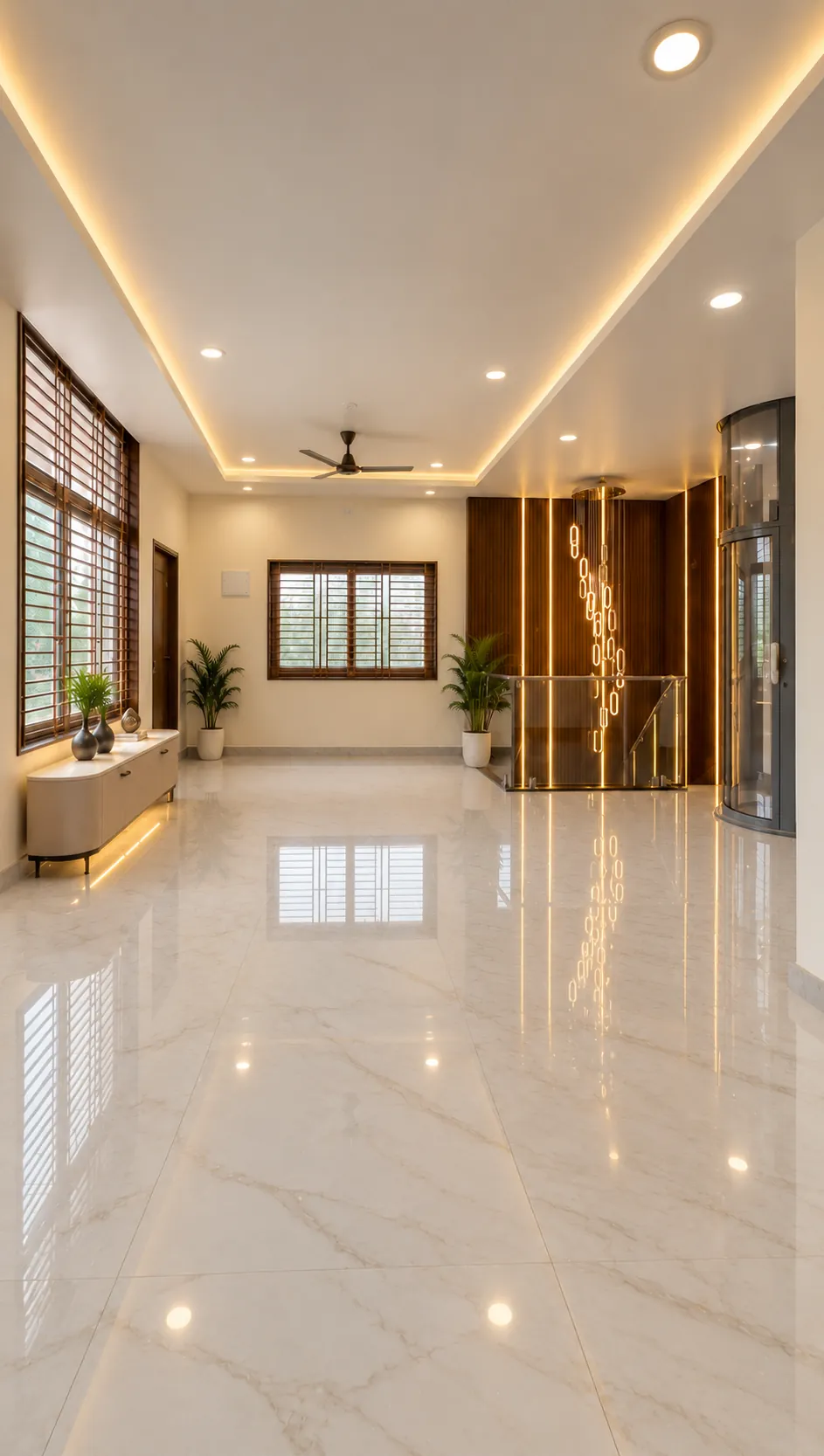Double-height living space with glass elevator and granite flooring, an SJ Infra residential build in Ballari