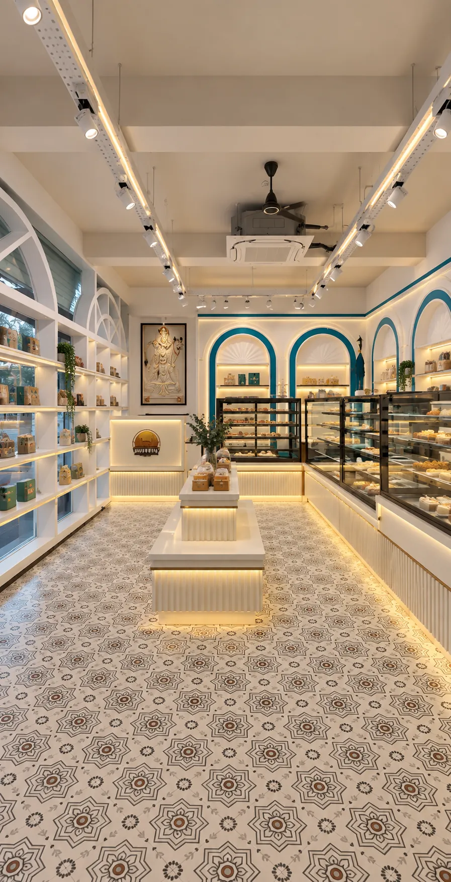 Modular kitchen with geometric false ceiling, an example of SJ Infra finish quality
